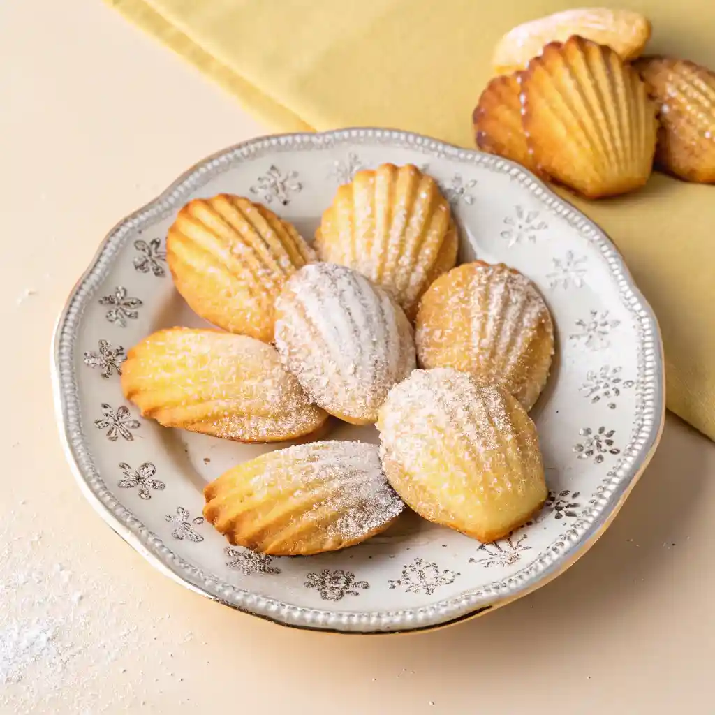 Holiday-themed Madeleine Cookies on a decorative plate with sprigs of rosemary, cranberries, and twinkle lights in the background.