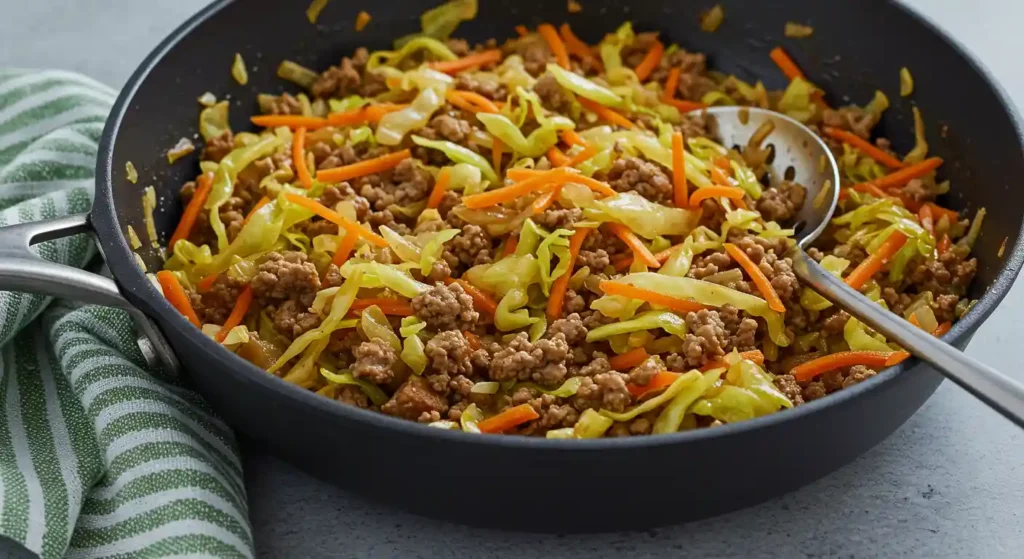 A close-up of egg roll in a bowl featuring browned ground meat, shredded cabbage, carrots, and chopped chives served in a shallow ceramic dish.