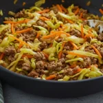 A close-up of egg roll in a bowl featuring browned ground meat, shredded cabbage, carrots, and chopped chives served in a shallow ceramic dish.