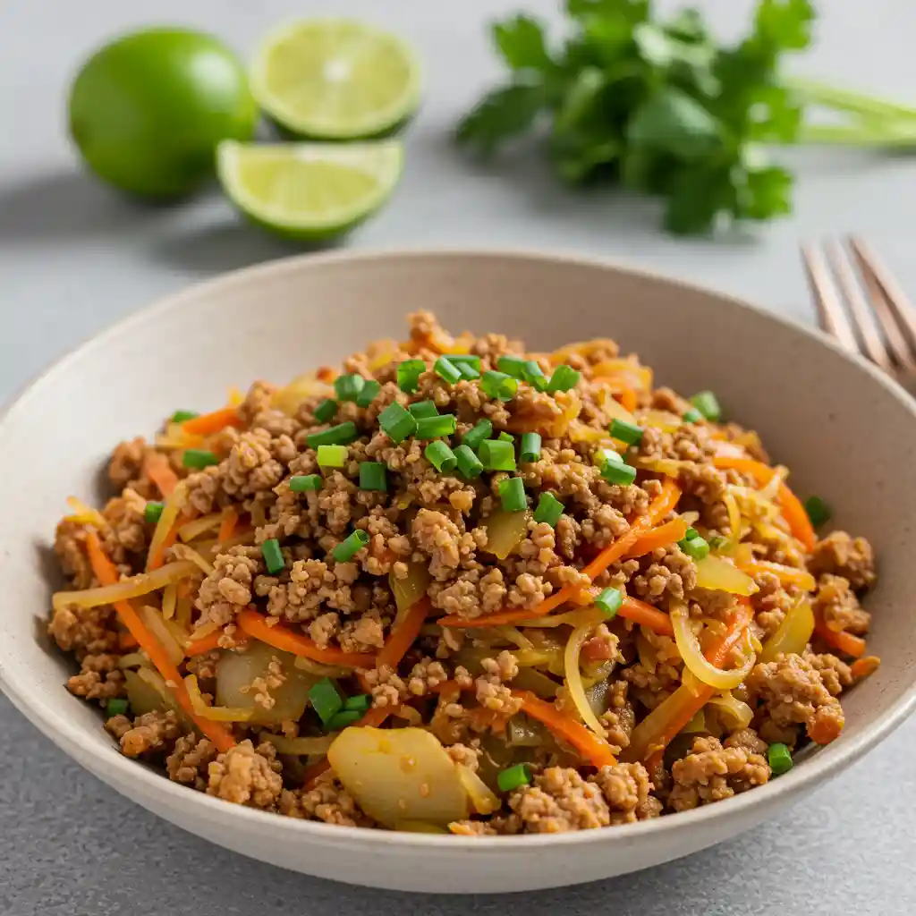 A neatly plated bowl of egg roll in a bowl, featuring stir-fried ground meat, cabbage, and carrots topped with green onions.
