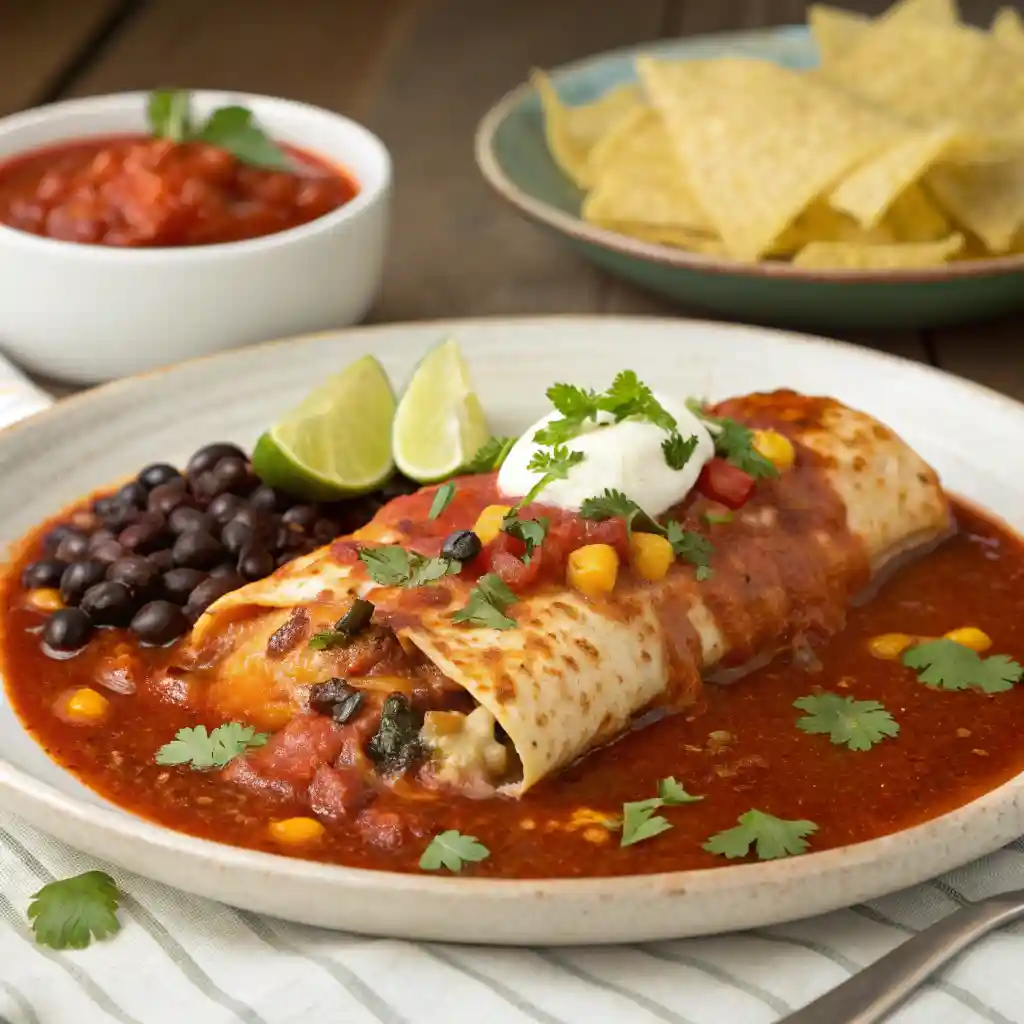 Boulder-Style Enchiladas with chicken, black beans, cheese, and red sauce, garnished with cilantro.