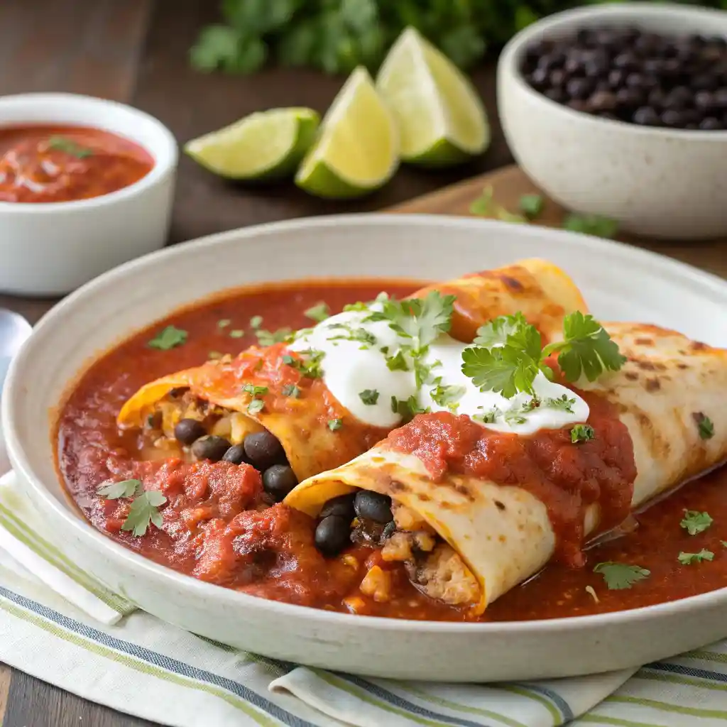 Boulder-Style Enchiladas with grilled chicken, black beans, cheese, and red sauce.