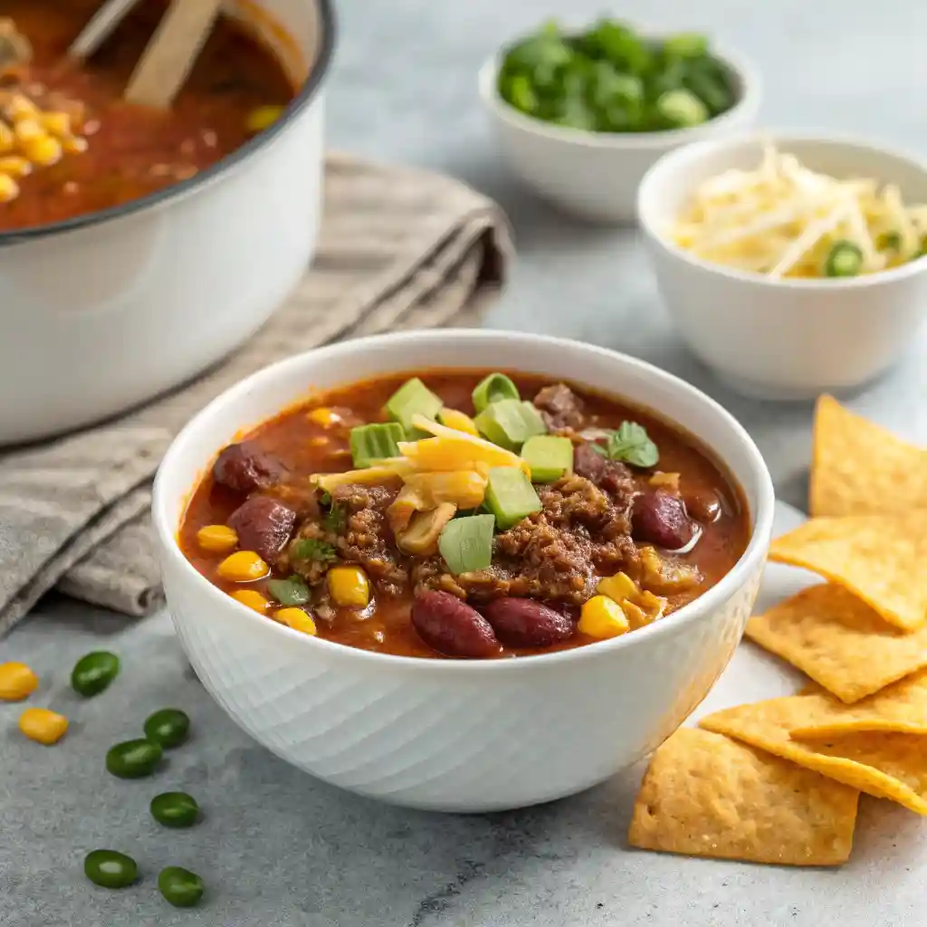 Bowl of Traditional Taco Soup with beef, beans, corn, topped with sour cream, cheese, cilantro, and served with lime wedges and tortilla chips.