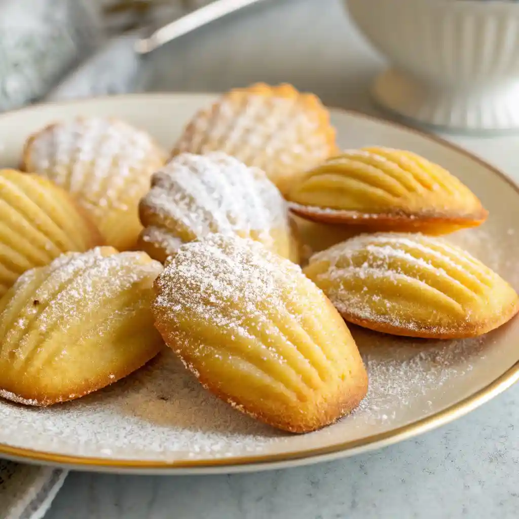 Madeleine Cookies arranged neatly in a vintage tin box with parchment paper and a sprinkle of powdered sugar.