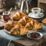 Freshly baked gipfeli recipe (Swiss croissants) with flaky layers, accompanied by coffee and Swiss jam, set in a cozy kitchen ambiance.