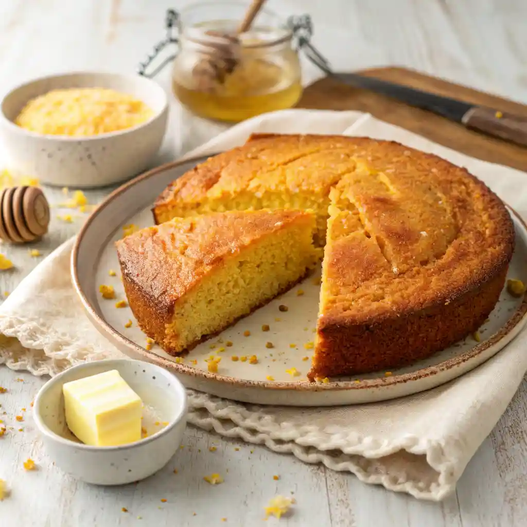 A freshly baked Southern cornbread with a crispy crust, a slice removed to show its moist interior, served on a plate with honey and butter.