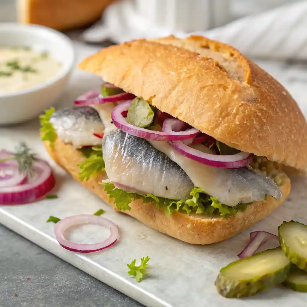 Close-up of a traditional German Matjesbrötchen sandwich with pickled herring, fresh onions, lettuce, and a drizzle of creamy sauce on rye bread.