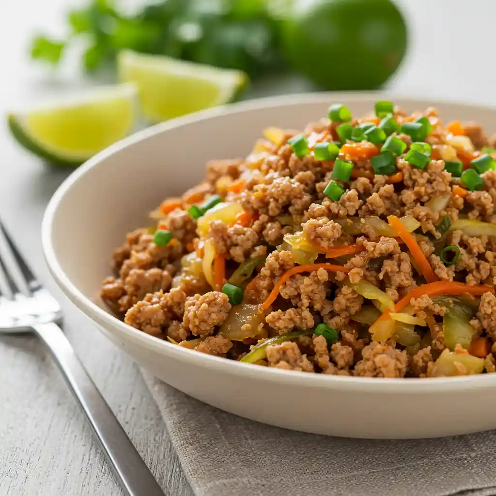 a shallow bowl with browned ground meat and shredded vegetables, topped with fresh chives in a softly lit, natural setting.