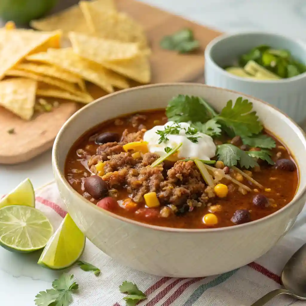 Single bowl of Traditional Taco Soup with beans, corn, ground beef, sour cream, shredded cheese, cilantro, tortilla chips, and lime wedges.