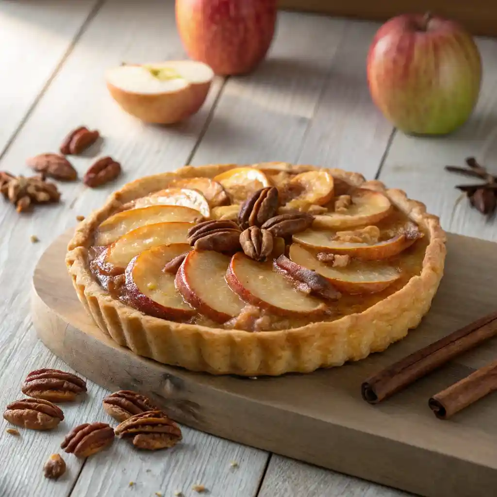 A fresh Apple and Pecan Danish Pastry Tart with a golden, flaky crust, spiced apple filling, and crunchy pecans, topped with caramel.