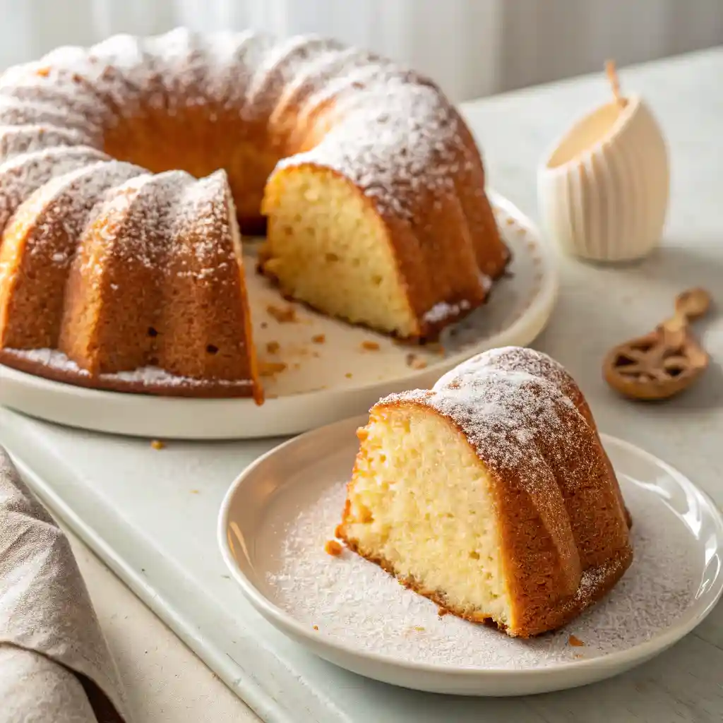 Golden cream cheese pound cake with powdered sugar on a white plate, one slice missing, showing moist interior under soft, natural lighting.