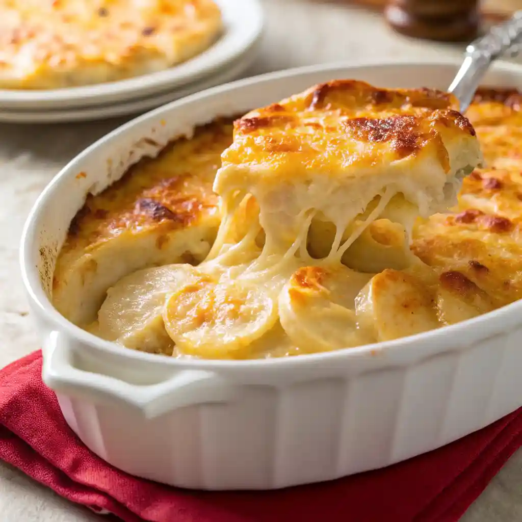 Gooey scalloped potatoes with golden cheese crust and creamy potato layers in a white ceramic baking dish.
