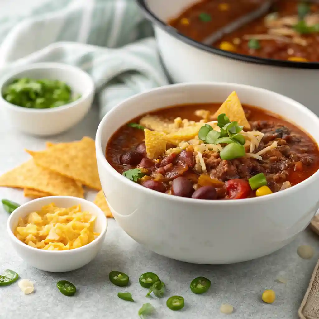 Hearty bowl of Traditional Taco Soup with beef, beans, corn, sour cream, cheese, avocado, cilantro, and lime wedges on the side.