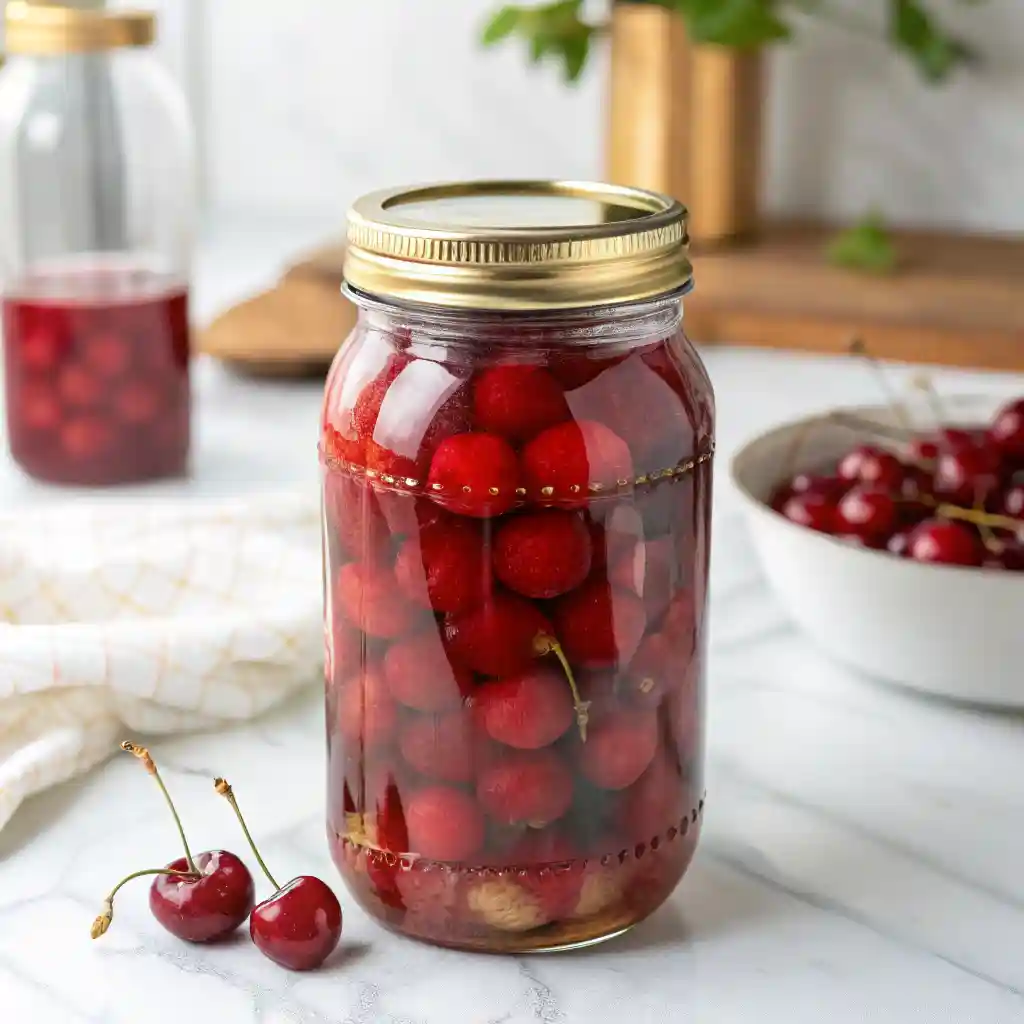 Tall glass mason jar with gold lid filled with canned cherries in syrup, placed on a white marble surface with a blurred jar in the background.