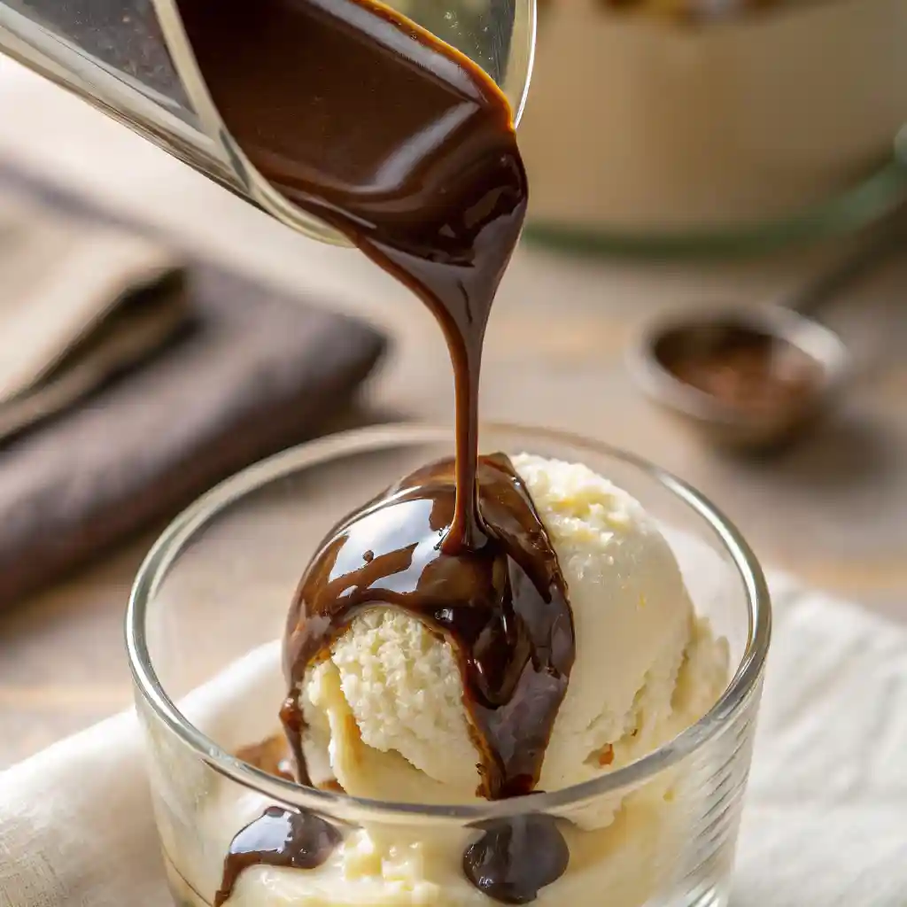 chocolate syrup poured over vanilla ice cream in a clear glass cup.