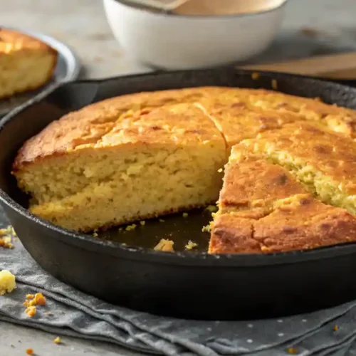 Golden brown Southern cornbread in a cast-iron skillet with a crispy crust and moist, crumbly interior. A slice is removed, showing its rich texture.