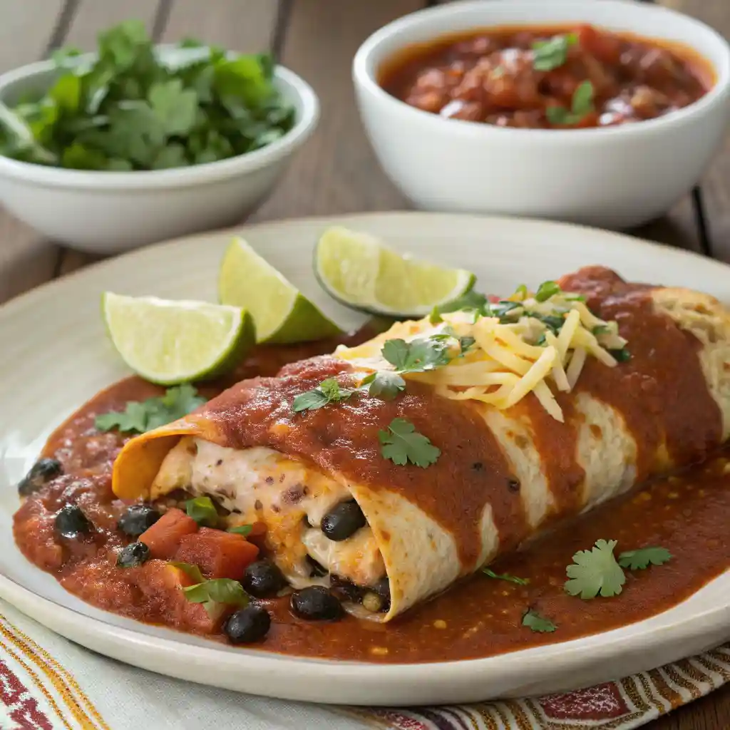 Boulder-Style Enchiladas with chicken, black beans, cheese, and red sauce.