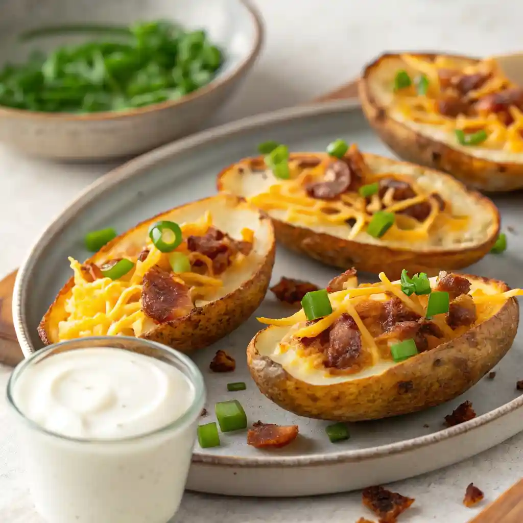 Crispy potato skins filled with melted cheddar cheese, turkey bacon, sour cream, and green onions on a baking tray.