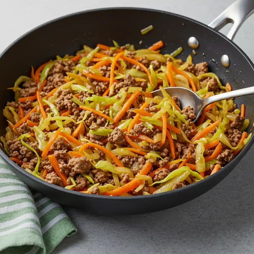 Overhead view of a hearty egg roll in a bowl with ground meat, crisp vegetables, and chives served in a rustic white bowl.