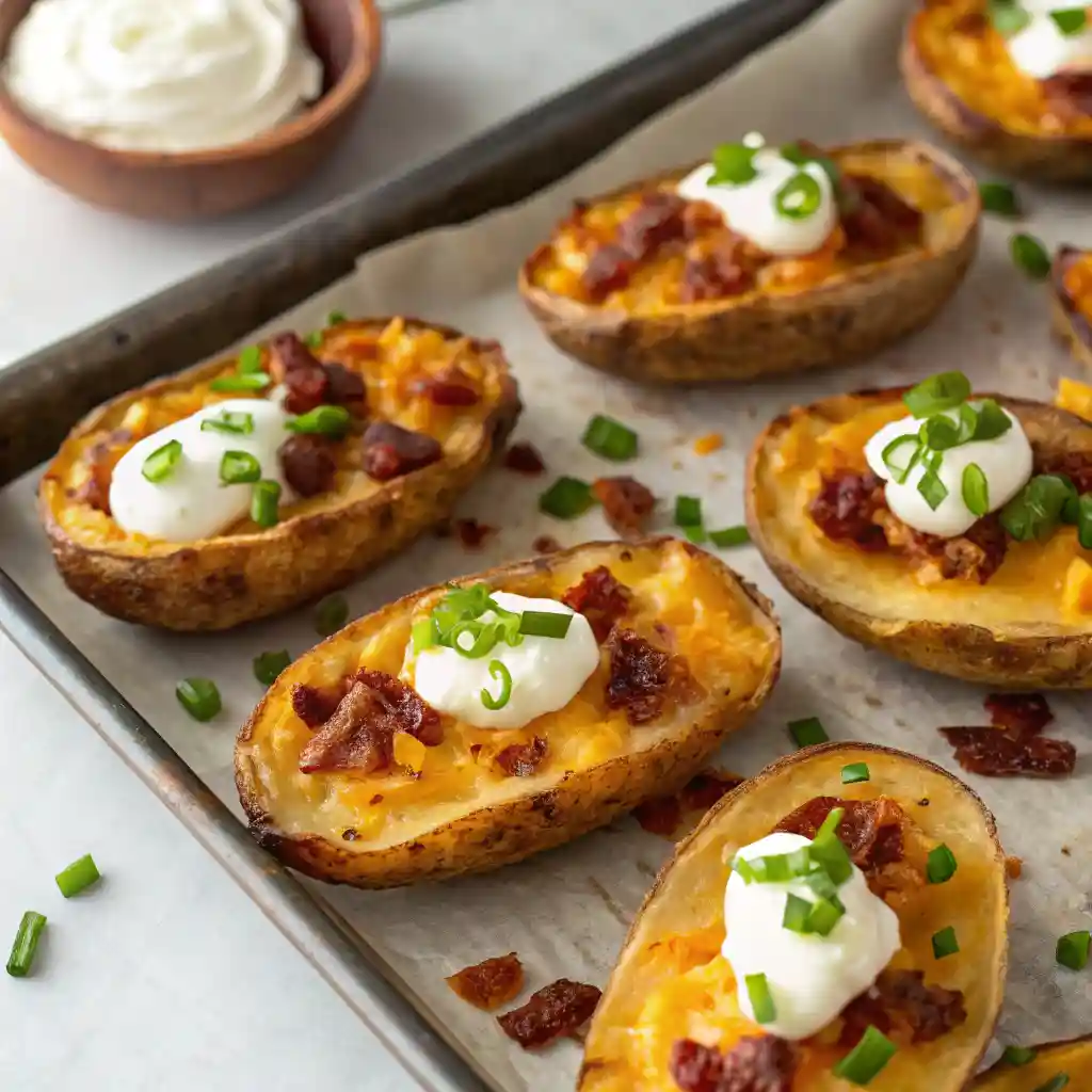 Overhead view of crispy baked potato skins with cheddar cheese, turkey bacon, sour cream, and green onions on a parchment-lined tray.