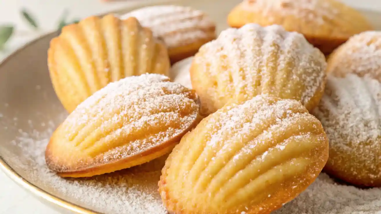 Golden-brown Madeleine cookies on a white plate, some dusted with powdered sugar and others dipped in chocolate, styled with lemon zest and a cup of tea.