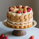 How to incorporate Madeline cookies recipe using cream cake with layers of soft cream cake and golden Madeline cookies, decorated with whipped cream and fresh berries.