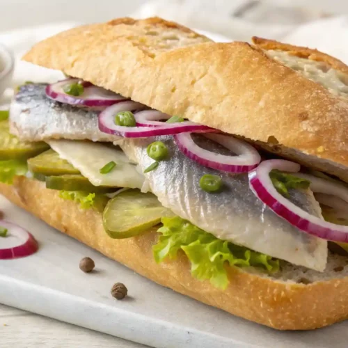 Close-up of a traditional German Matjesbrötchen sandwich with Matjes herring fillets, red onions, lettuce, pickles, and remoulade sauce on crusty rye bread.