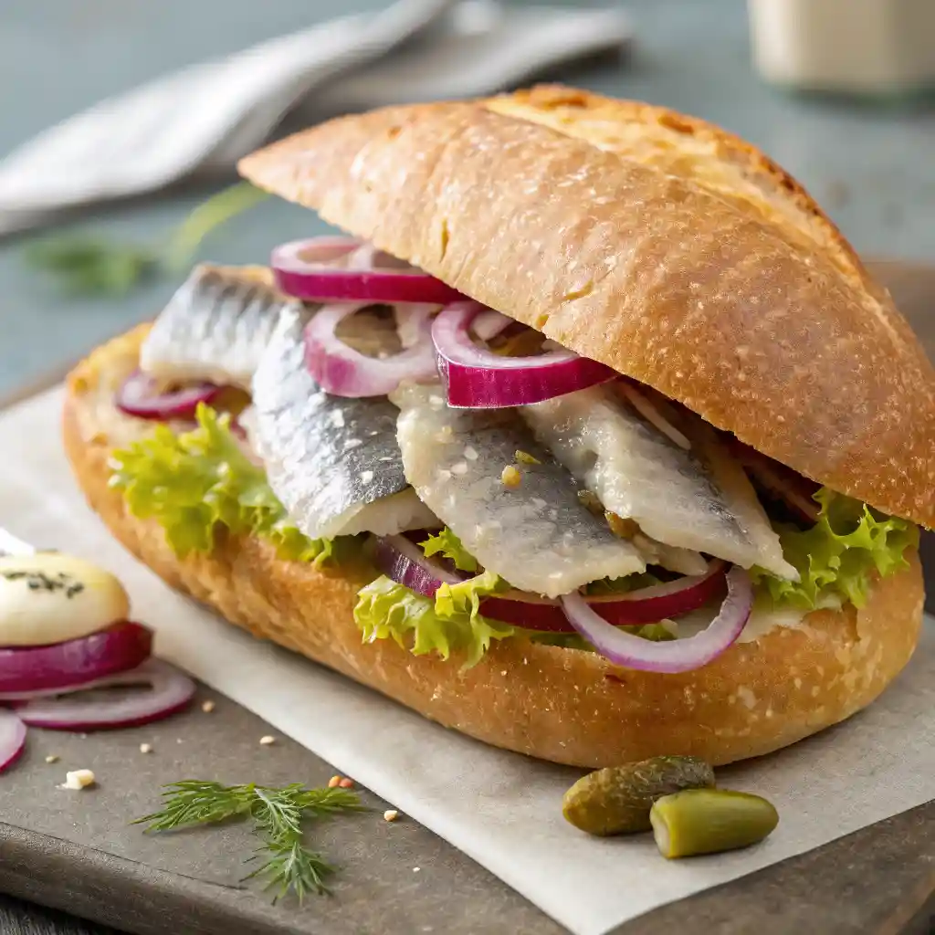 A traditional German Matjesbrötchen sandwich filled with pickled herring, red onions, lettuce, pickles, and a creamy sauce on crusty bread.