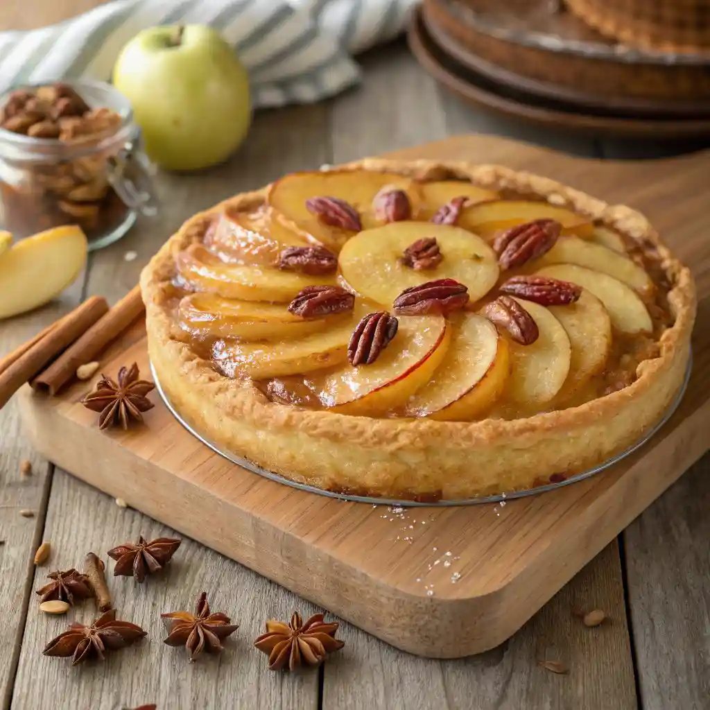 A delectable Apple and Pecan Danish Pastry Tart with a flaky golden crust, spiced apples, crunchy pecans, and a glossy caramel glaze.