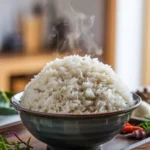 A bowl of perfectly cooked fluffy rice with steam rising, showcasing a rice hack recipe on a wooden tray with herbs and spices nearby.