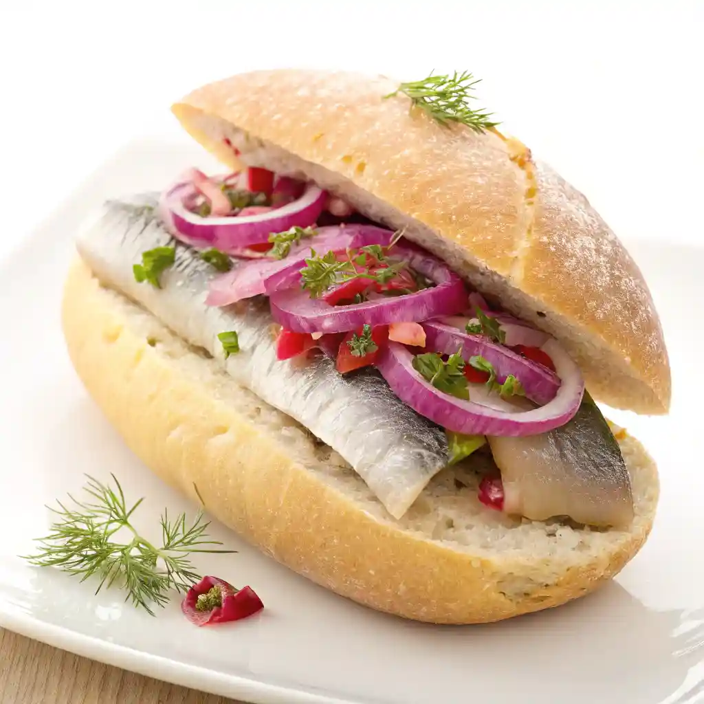 Traditional German Matjesbrötchen sandwich with pickled herring, onions, lettuce, and pickles on rye bread.