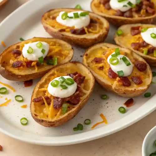 Overhead view of crispy baked potato skins with cheddar, turkey bacon, sour cream, and green onions on a white plate.