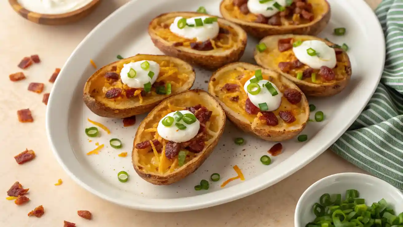 Overhead view of crispy baked potato skins with cheddar, turkey bacon, sour cream, and green onions on a white plate.