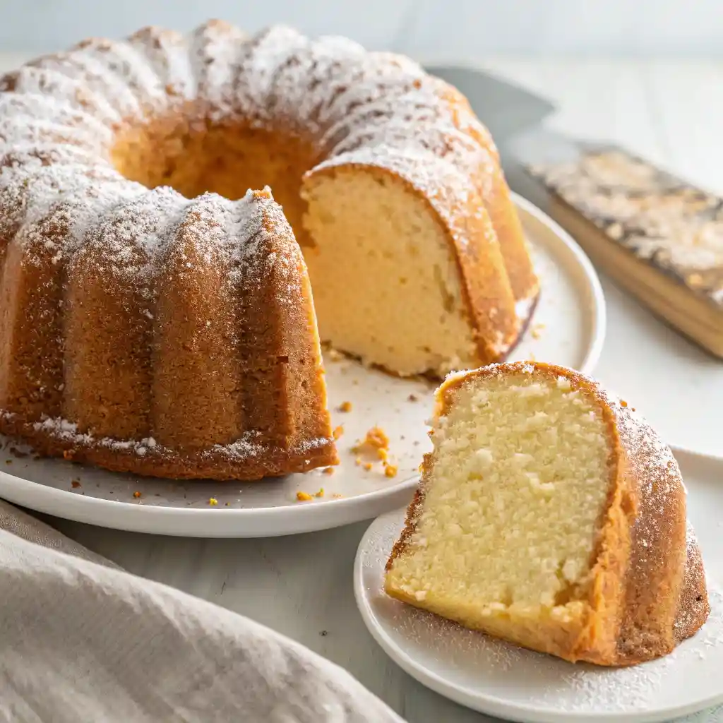 Moist cream cheese pound cake with powdered sugar in a bundt shape, one slice removed, served on a white plate under soft natural light.