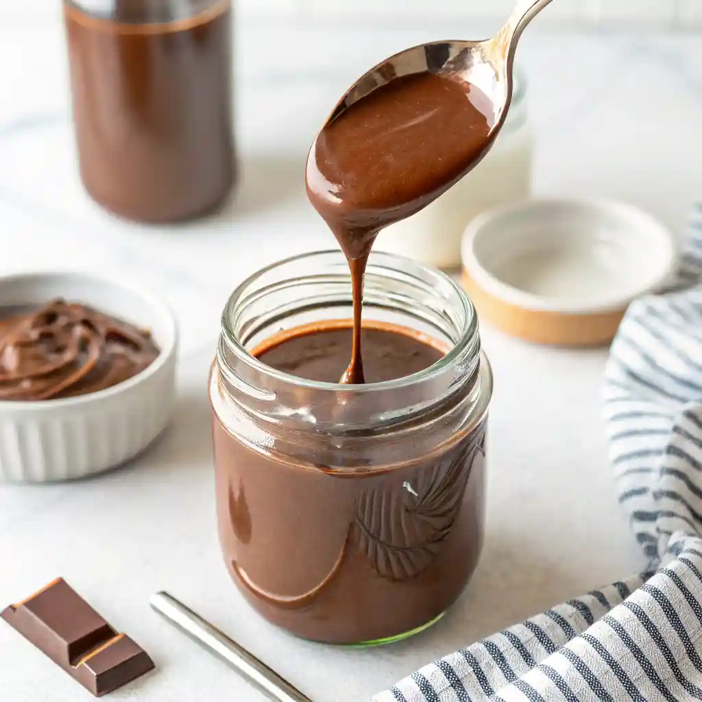 Smooth homemade chocolate syrup drizzling from a spoon into a swing-top glass jar on a white surface.