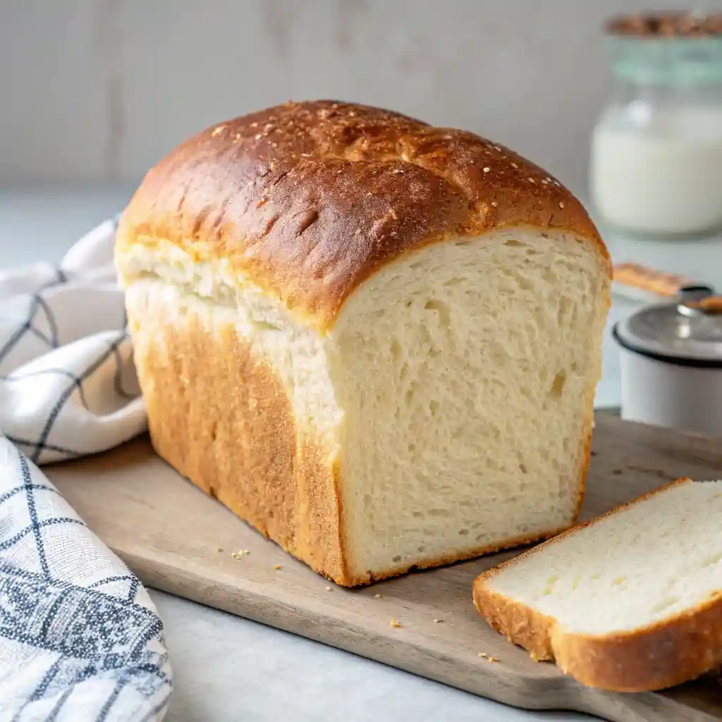 Single upright loaf of cottage cheese bread with a domed golden crust and airy interior.