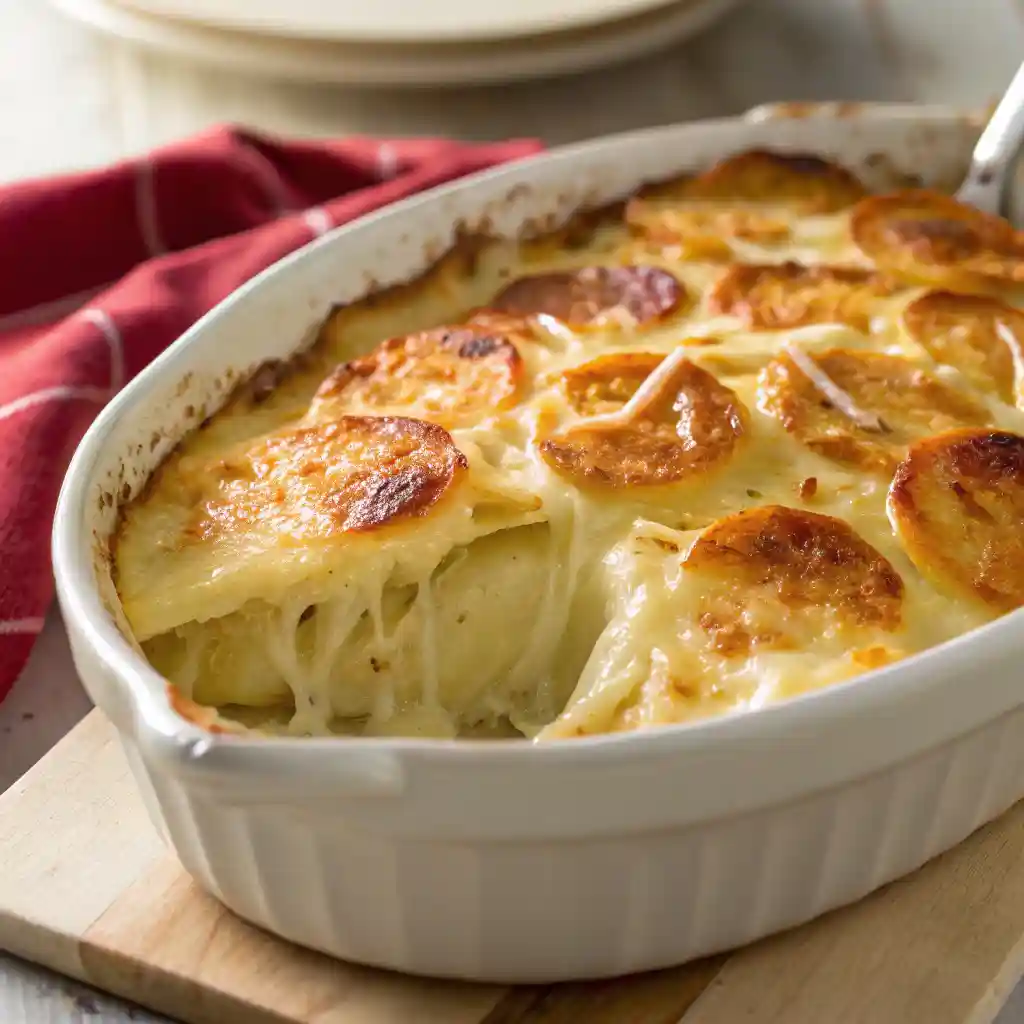 Cheesy scalloped potatoes in a white baking dish with a scoop removed, showing melted cheese and layered potatoes.