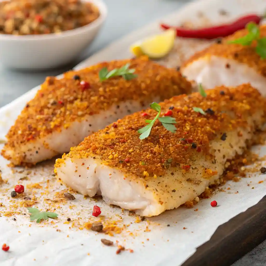 Fish fillets coated in a golden, crispy fish fry seasoning mix with visible herbs and spices.