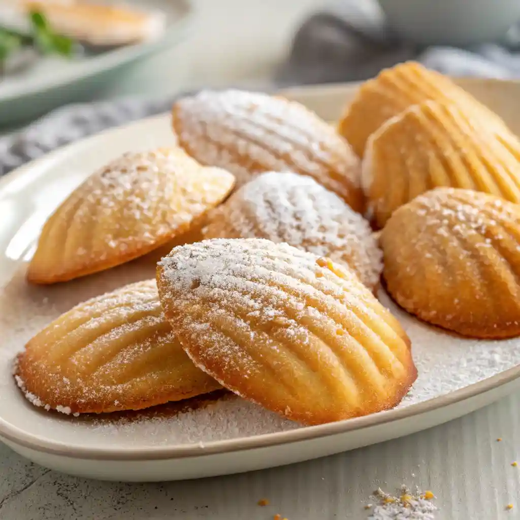 Madeleine Cookies on a matte white plate with a minimalist background and a small dish of melted chocolate.