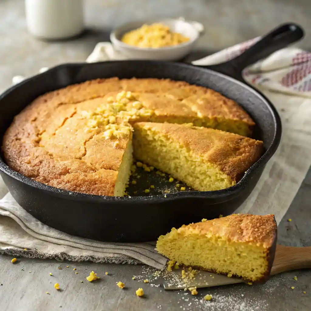 A cast-iron skillet with golden brown Southern cornbread, with a slice removed to reveal its crumbly, moist interior, sitting on a rustic stone surface.