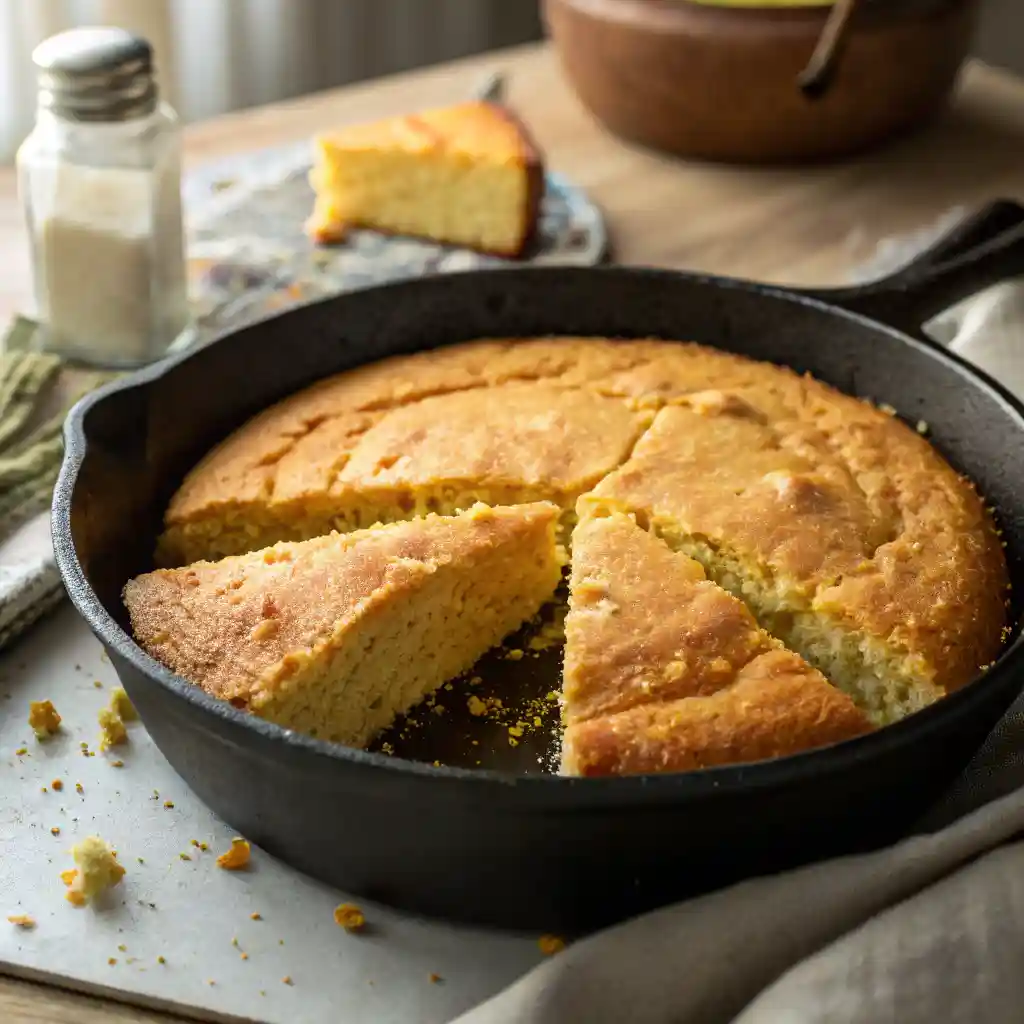 A freshly baked Southern cornbread in a cast-iron skillet, with a slice removed showing its moist, crumbly interior.