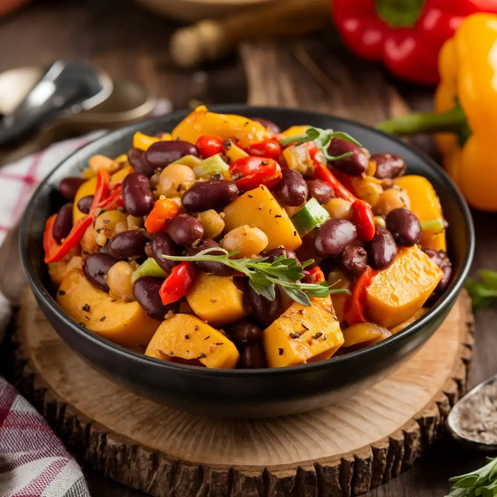 Squash and Kidney Beans Recipe in a warm, colorful bowl with vibrant vegetables like red bell peppers, yellow bell peppers, and onions.