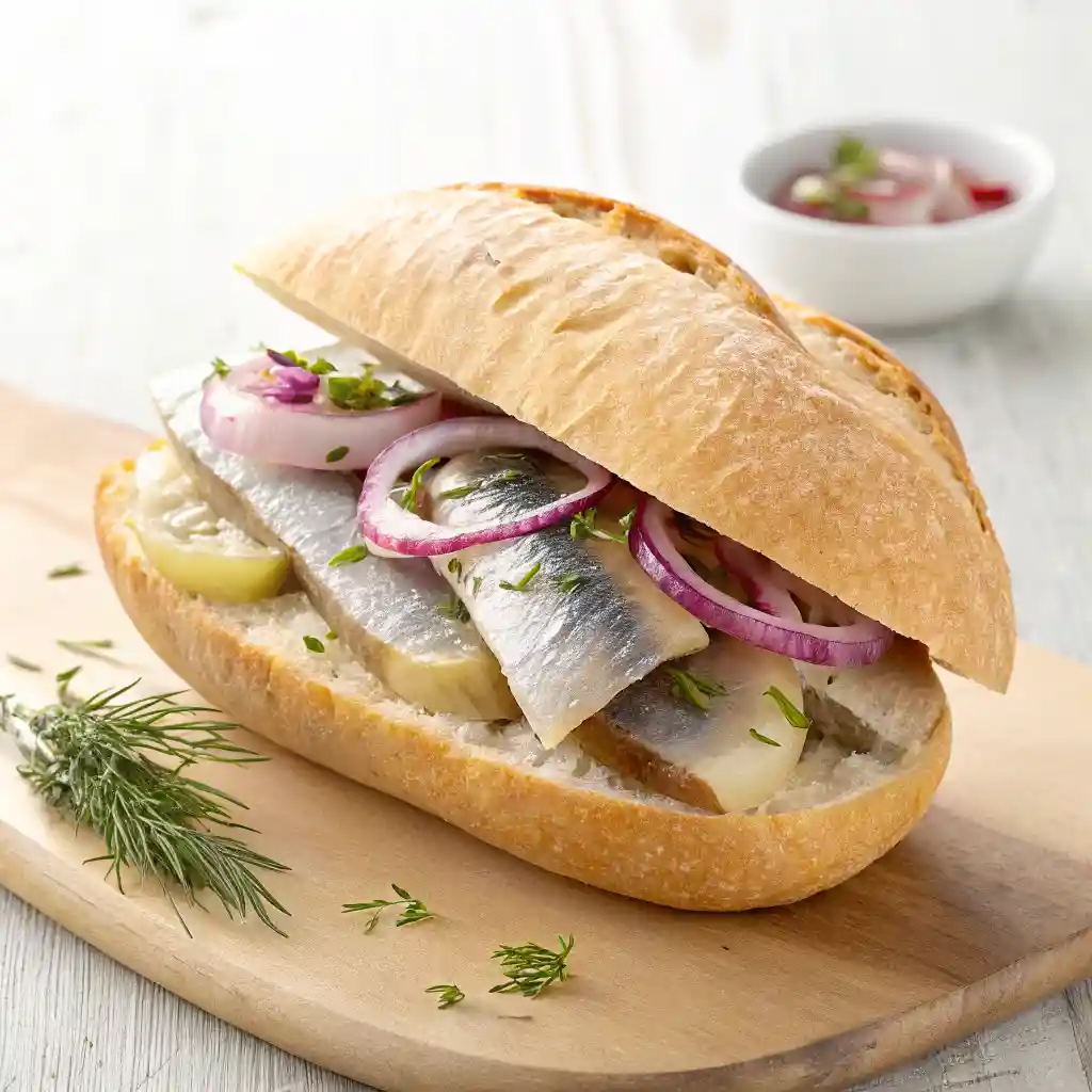 A traditional German Matjesbrötchen sandwich with pickled herring, red onions, lettuce, pickles, and a creamy sauce on a golden rye roll.
