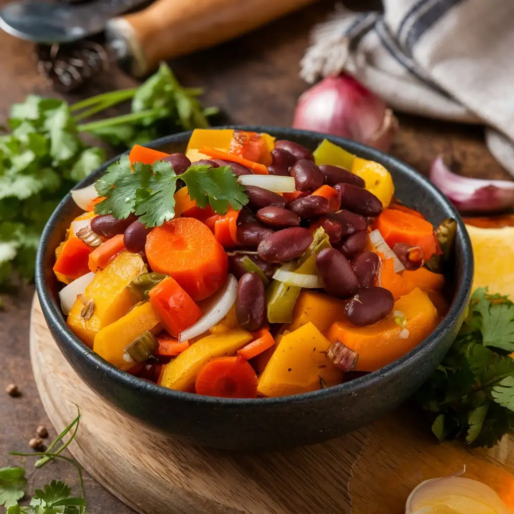 Squash and Kidney Beans Recipe in a colorful bowl with vibrant vegetables like carrots, bell peppers, onions, and garlic, garnished with fresh herbs.