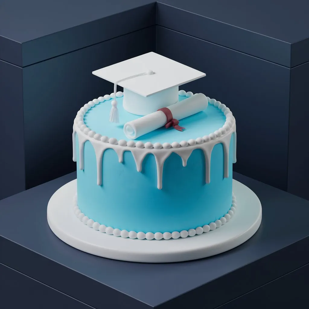 A 3D render of a graduation cake featuring a light blue sponge cake with white icing, topped with fondant figurines of a mortarboard cap and diploma, set on a white stand against a dark grey background.