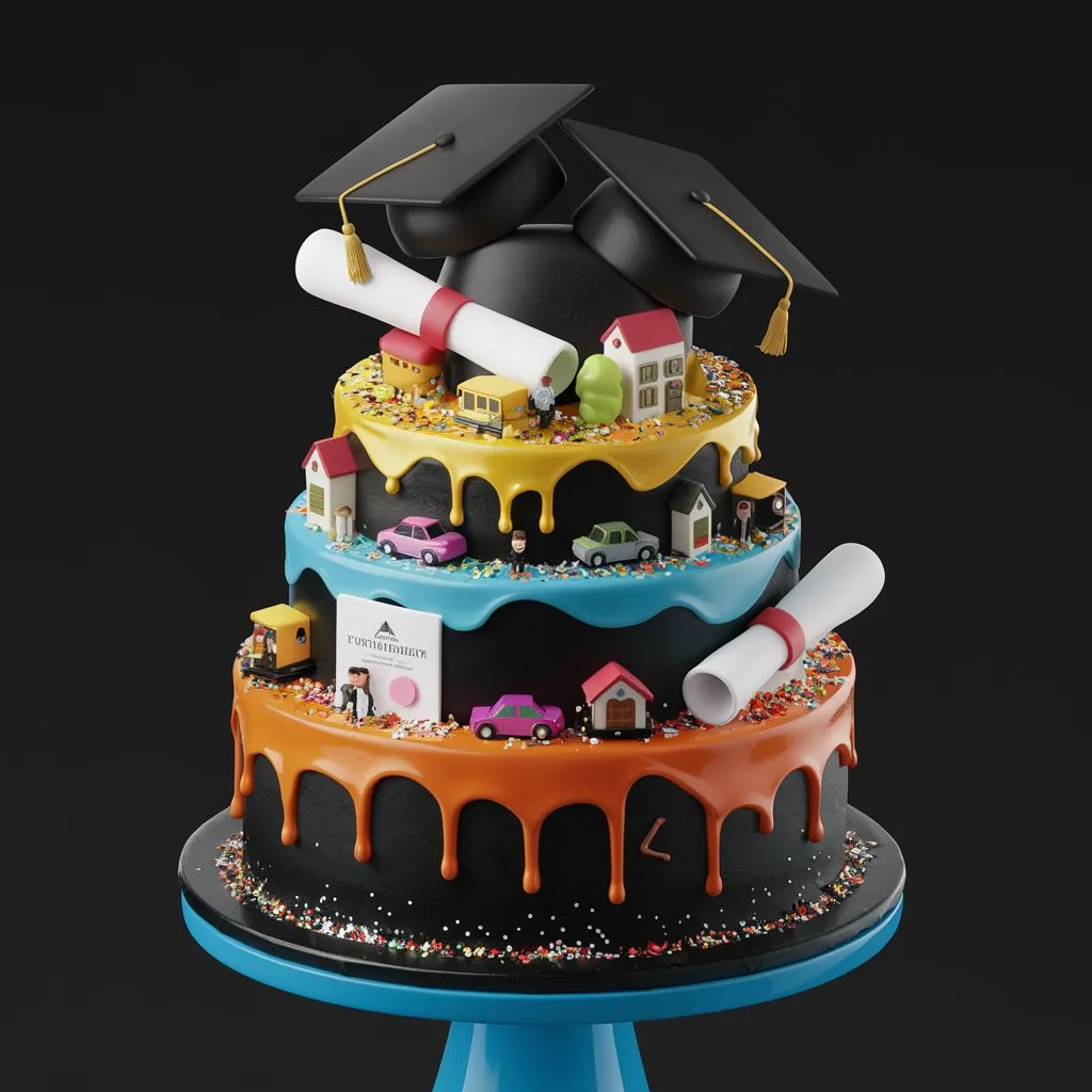  A 3D render of a graduation cake with multiple layers, decorated with colorful icing and edible glitter, featuring graduation caps, diplomas, toy cars, houses, and people, set on a blue stand against a black background.