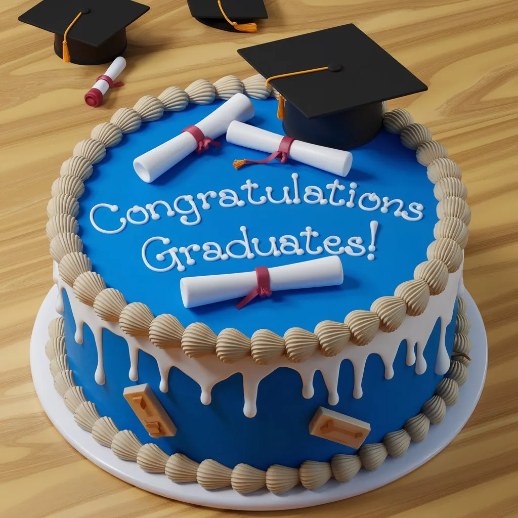 A 3D render of a graduation cake with "Congratulations Graduates!" written in white icing, featuring a blue background with white decorations, graduation hats, and diplomas.