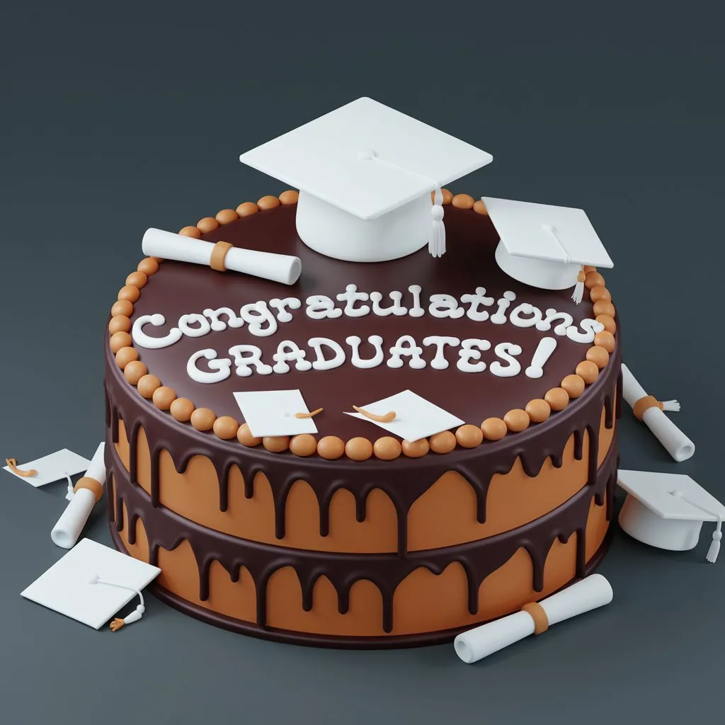 A 3D render of a multi-layered chocolate graduation cake with "Congratulations Graduates!" in white icing, decorated with white graduation hats and diplomas, set against a dark grey background.