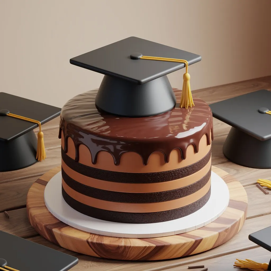 Single-layer dark graduation cake with cap, tassel, scroll, and wooden board, set against a dark grey background.