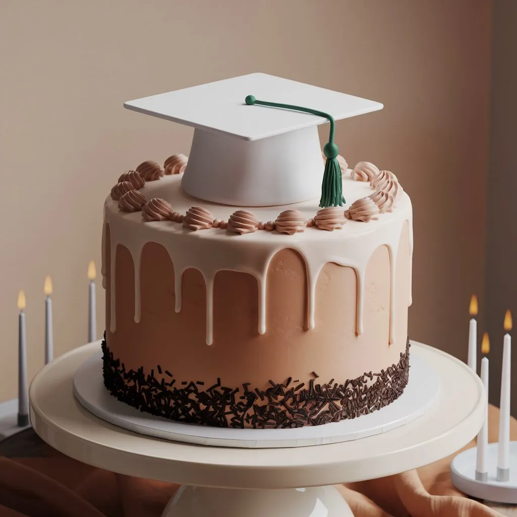 A 3D render of a realistic graduation cake featuring a light brown base, white icing, a white graduation cap, and a green tassel on top. The cake is displayed on a white stand with white candles, set against a beige wall background.